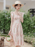 ADVBRIDGE  -  Women's Pink Sweet Dress Summer French Romantic Fairy Dresses for Elegant Square Collar Lace Printed Retro Vestidos be mujer