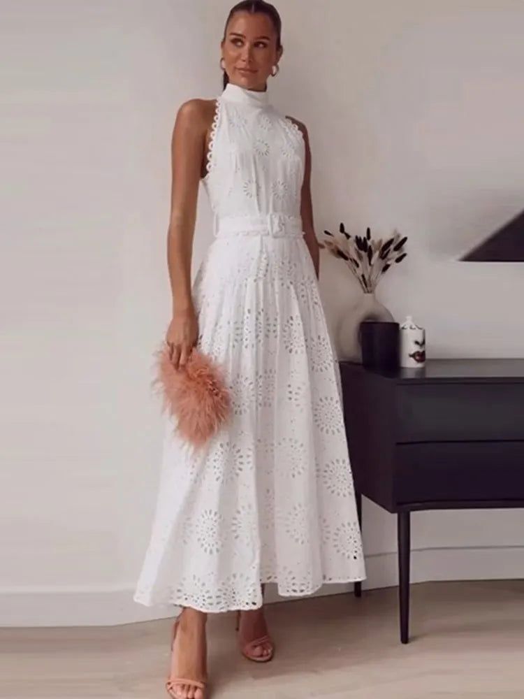 Advbridge Sleeveless Hollow Out White Belt Long Dress High Waist X-shaped Half High Collar Dress Elegant Office Lady Lace Midi Dresses