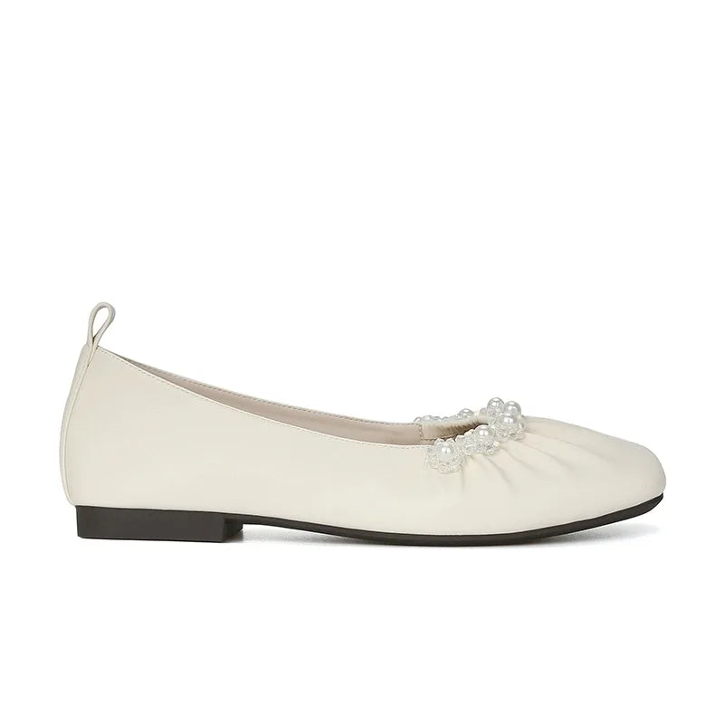 Advbridge Leather French evening style low heel small shoes 2024 spring/summer new soft leather pleated grandma shoes shallow mouth diamon