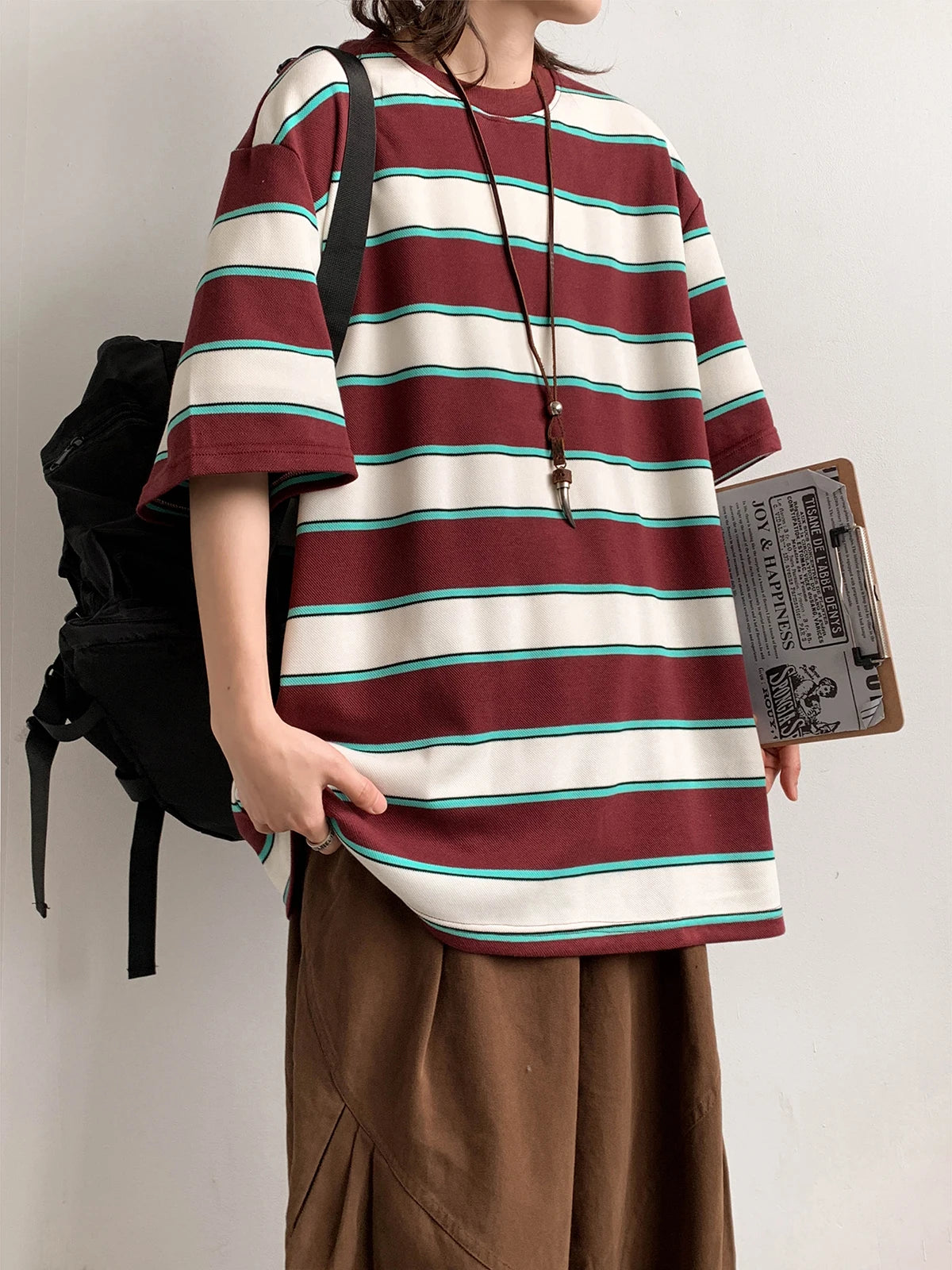ADVBRIDGE  -  Heavy Cotton Men's Short Sleeve T Shirt Striped Summer Cotton Bottom Shirt Half Sleeve Long Fleece Cotton T Shirt Q250