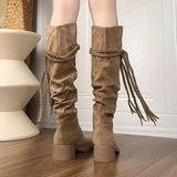 Advbridge Ladies Mid Calf Shoes Tassel Middle Heel Round Toe Brown Women's Half High Boots Trend  Cosplay Spring Autumn Winter Novelty