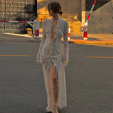 Advbridge Sexy White Lace Printed Maxi Dress For Women See-Through Hollow Out Full Sleeve V Neck Slit Slim Long Dress Party Club Outfit