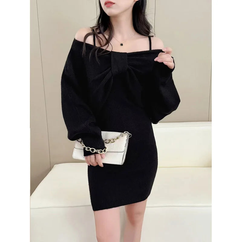 Advbridge Autumn Winter New Bow Sexy Camisole Two-piece Set Dress Women Clothing Vintage Casual Elastic Slim Knitted Dresses