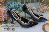 Advbridge Anime Deep Blue Lolita Shoes Pointed Toe Dark Blue Stiletto Heels Women Bridal Wedding Female Gauze Bowknot Pearl High Heel 8cm