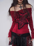 Advbridge  Gothic Off Shoulder Women T-shirts Red Harajuku Striped Japanese Y2k AestheticLong Sleeve Tops Vintage Goth Sexy Tshirts
