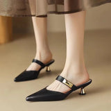 Advbridge Size 35-42 Women Kitten Heels Mules Golden Rivet Pointed Toe Summer Sandals Fashion Beige Ladies Casual Med Heels Shoes