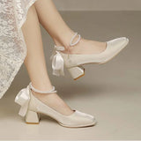 Advbridge Women's Pumps Pearlescent White Wedding Shoes String Bead Ankle Strap Dress Shoes Mid Heels Square Toe Back Bow Pump Red 9734C