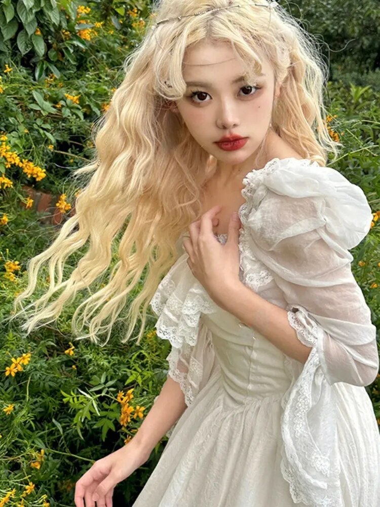 Advbridge White fluffy sleeved Lolita Fairy Dress Women's Vintage Chiffon Elegant Sweet Midi Dress Lace Korean Party Dress Women's
