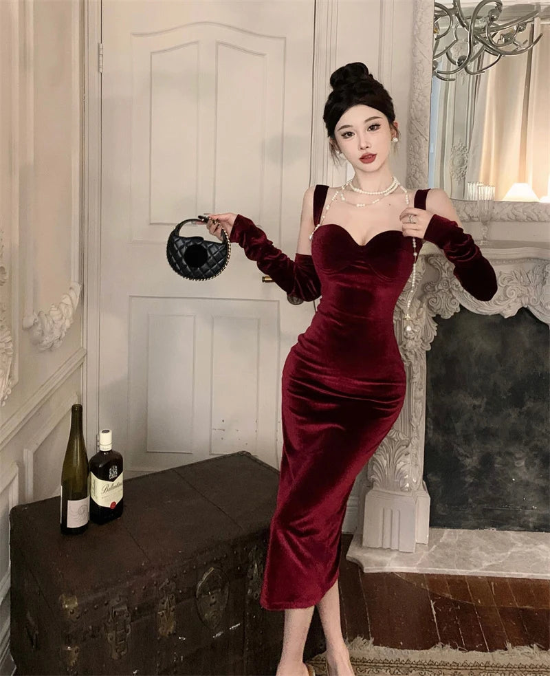 Advbridge -  Sweet Hot Girl Retro Sexy Velvet Strap Dress for Women Autumn and Winter Square Collar Split Mermaid Wrap Hip Long Evening Dress