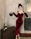 Advbridge -  Sweet Hot Girl Retro Sexy Velvet Strap Dress for Women Autumn and Winter Square Collar Split Mermaid Wrap Hip Long Evening Dress