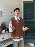 Advbridge V Neck Knit Sweater Male Black Waistcoat Striped Brown Vest Men's Clothing Sleeveless Aesthetic Meme Old Korean Autumn Clothes A