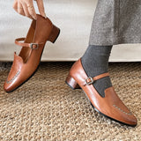 ADVBRIDGE  -  women's cow leather metal buckle slip-on flats Mary Jane loafers round toe rivet decoration casual female daily moccasins shoes