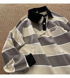 Advbridge Japan Retro Striped Long-sleeved POLO Shirt Top Men Women Loose Trend Couple BF Lapel Sweatshirt Preppy Hip Hop Cool Shirts