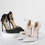 ADVBRIDGE  -  11cm Stiletto Heel White Wedding Shoes Women High Heels Sexy Pointed Toe Ankle Pearl Chain Party Shoes Bow Spring Pumps