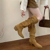 ADVBRIDGE  -  Western Style Fashion Hemp Tassel Knee High Boots Women Winter Street Pointed Toe Cowboy Boots Low Thick Heels Long Shoes