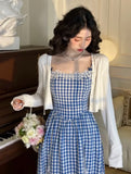 ADVBRIDGE  -  Women Spaghetti Dress Sweet Bow Lace Strapless Sexy Plaid Retro Suspenders Vstidos mujer French Style Elegant Dresses Summer