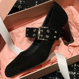 ADVBRIDGE  -  Women's natural suede leather 7cm thick high heel metal buckle slip-on Mary Jane pumps elegant ladies OL style daily dress shoes