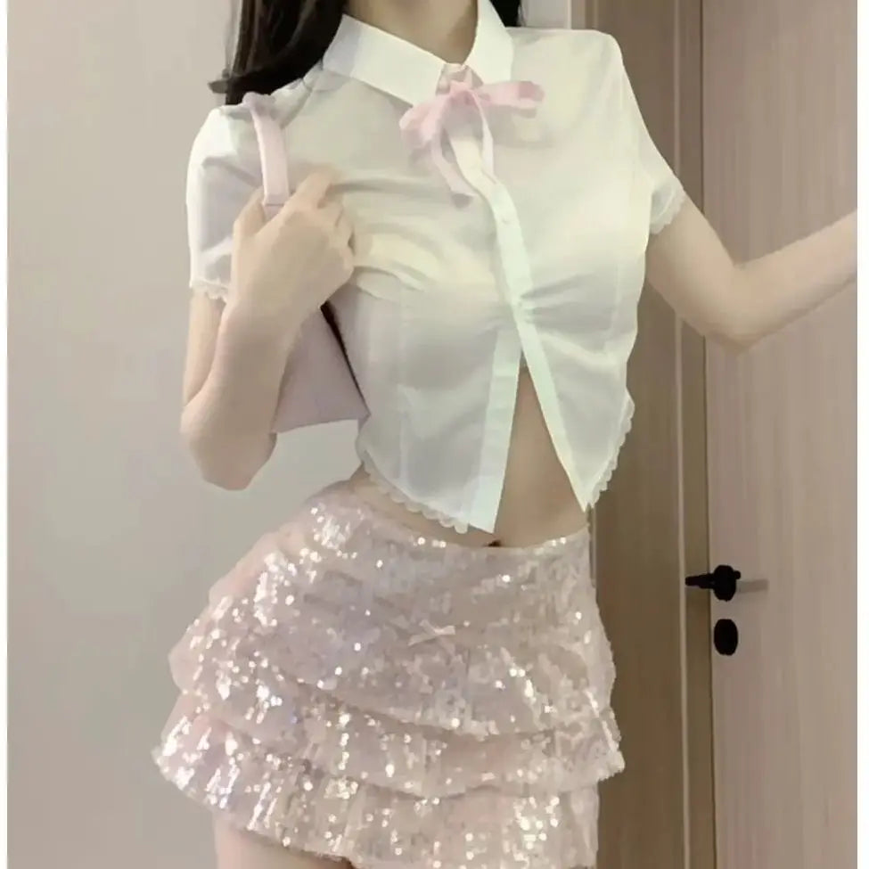 ADVBRIDGE  -  Kawaii Sweet Fashion Suits 2025 Summer Pink Sequined Cake Bow Short Mini Skirts Slim Shirt Top Spice Girl Two-piece Suit