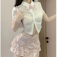 ADVBRIDGE  -  Kawaii Sweet Fashion Suits 2025 Summer Pink Sequined Cake Bow Short Mini Skirts Slim Shirt Top Spice Girl Two-piece Suit