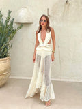 Advbridge Sexy Backless Solid Patchwork Mesh Maxi Dress Women Fashion Deep V Neck Fold Dresses 2024 Spring Summer Female Club Party Robes