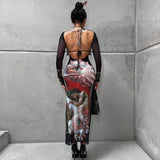 Advbridge Sexy Mesh See Through Maxi Dresses for Women Fashion Ocean Printed Backless Dress Long Sleeve Bodycon Party Dress 2024