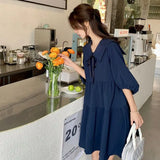 Advbridge Vintage Pleated Lacing Loose Mini Dress Summer New Half Sleeve Solid Color Sweet Casual Dresses Fashion Korean Women Clothing