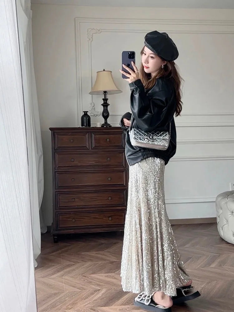 Advbridge -  Silver Sequin A-line Fishtail Skirt Vintage Skirts for Woman Long Dress Korean Fashion Y2k Clothing Faldas Para Mujeres