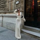 ADVBRIDGE  -  Solid Colour Sexy Knit Cut Out Holiday Beach Casual Long Dresses Women's 2025 Summer Sexy V-Neck Long Sleeve Bodycon Maxi Dress