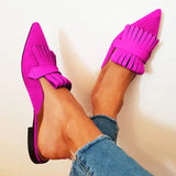Advbridge Chic Tassel Pointed Toe Low Heels Slipper Woman Purple Green Suede Slip On Woman Fringe Mules Slingbacks Shoes