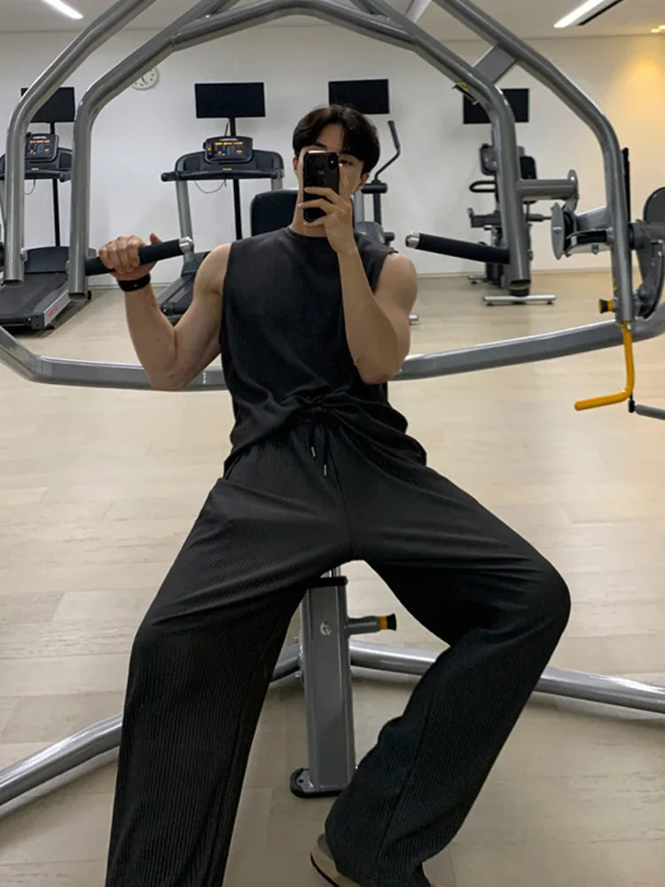 Advbridge Korean High Street Men's Pleated Two Piece Vests Trendy Wide Leg Set Pants Sleeveless Tank Top Casual Shorts 2024 Spring Summer