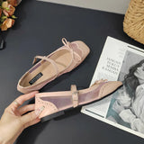 ADVBRIDGE  -  Leather Mesh Patchwork Designer Mary Jane Shoes Woman Elegant Red Bow Square Toe Ballet Flats Comfortable Breathable Flat Shoes