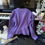 Advbridge 2025 Winter Casual Knitting Long Sleeve Purple Cardigans Women's Vintage Office Lady V-Neck Solid Color Elegant Slim Sweater Top