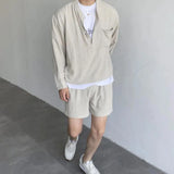 Advbridge Korean Fashion Summer Clothes Men 2 Piece Set Solid Hip Hop V-neck Tops Shorts Streetwear Short Pants Outfits Casual Outer Sets