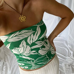 Advbridge Y2K Strapless Bandeau Vest Boho Beach Flower/Leaves Print Off Shoulder Backless Tube Tops Women Backless Crop Tops Shirts