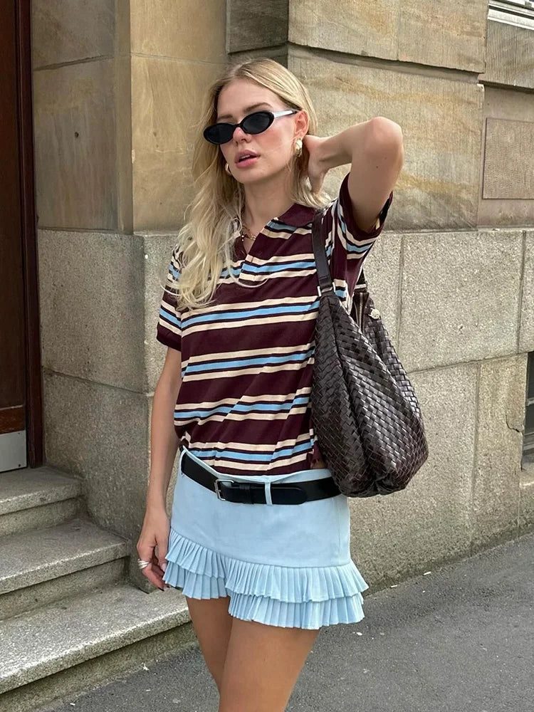 Advbridge  Burgundy Striped Casual Women T-shirt Summer Loose Polo Shirts Buttons New Female Tops Blouse White Tops Spring Shirt