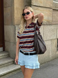 Advbridge  Burgundy Striped Casual Women T-shirt Summer Loose Polo Shirts Buttons New Female Tops Blouse White Tops Spring Shirt