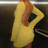 ADVBRIDGE  -  Autumn Yellow Sexy Open Back Popcorn Texture Short Dress Skinny High Waist Hipster Mini Dress Women Elegant Club Streetwear