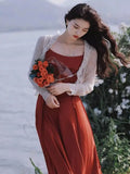 Advbridge  French Red Strap Long Dress Thin Shoulder Strap Dress Small Show Seaside Skirt Long Dress Hot Summer Vacation Beach Red Dress