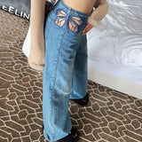 Advbridge -  Side Butterfly Jeans Women Sexy Hollow Embroidery Long Pants Women's All Match Casual Denim Pant Female Summer