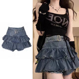 Advbridge Y2K Vintage Women Korean Pleated Belted Short Denim Mini Skirt Grunge Streetwear High Waist Jeans A-line Denim Skirt Alt Clothes