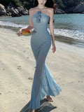 Advbridge Elegant Blue Mermaid Womens Dresses Sexy Halter Mesh Patchwork Party Dress Summer Spring Female Holiday Beach Vestidos Robe New