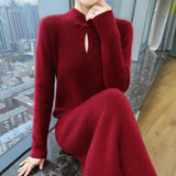 Advbridge 100% Mink Cashmere Dress Women's Stand up collar Pullover Long Skirt Slim Fit Fashion Long Warm Dress Autumn Winter Solid Color