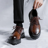Advbridge Men Korea Leather Platform Oxfords Slip On Thick Tottom For Male Derby Shoes Casual Loafers Mens Square Toe Formal Dress Shoes