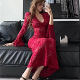 Advbridge Sexy Bodycon Lace Long Dresses for Women V-neck Flare Sleeves Slim Mermaid Evening Party Dress Club Prom Robe Ladies Vestidos