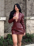 Advbridge Chic Burgundy Women's Deep V-neck Leather Mini Dress Elegant Long Sleeved Slim Fit High Waist Dresses Lady 2024 High Streetwear