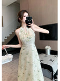 ADVBRIDGE  -  New Chinese Style Retro Dresses for Women Temperament Elegant Robe Summer Printed V-neck Nail Bead Chic Dress