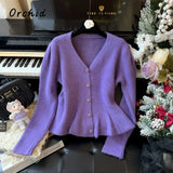 Advbridge 2025 Winter Casual Knitting Long Sleeve Purple Cardigans Women's Vintage Office Lady V-Neck Solid Color Elegant Slim Sweater Top