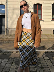 Advbridge -  High Waist Plaid Skirt Women Autumn Fashion Loose Long Skirt Women's Street Casual Side Slits Retro Maxi Skirt Femme