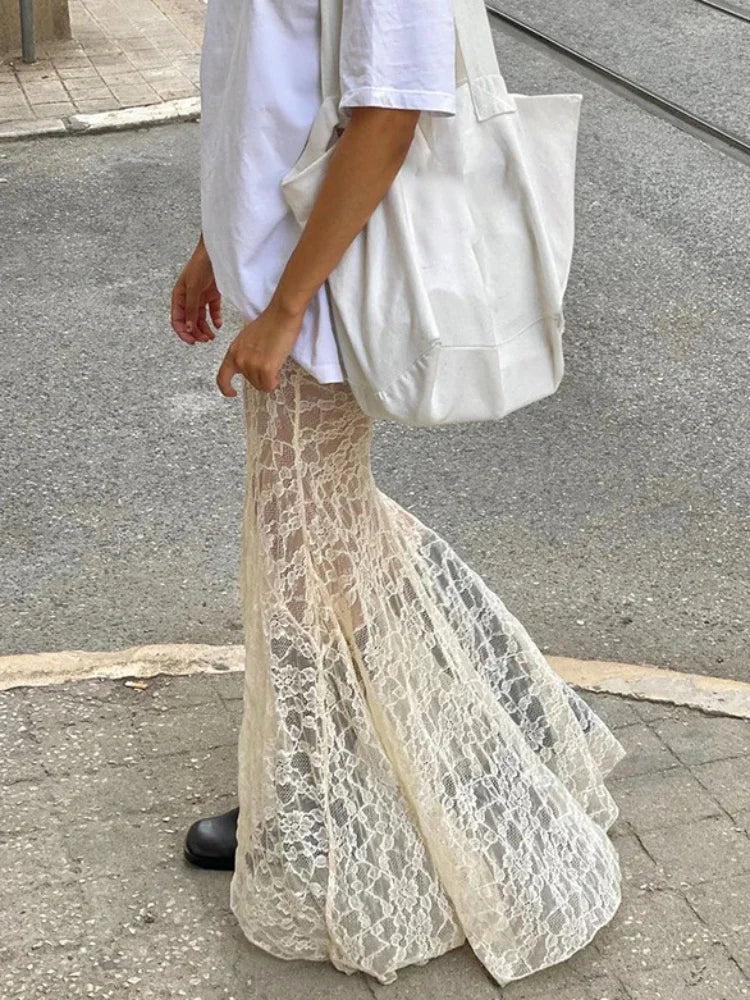 Advbridge Lace Mesh Splice Long Skirts For Women See Through Sexy High Waist Maxi Skirt Femme Club Hollow Out Skirts Ladies