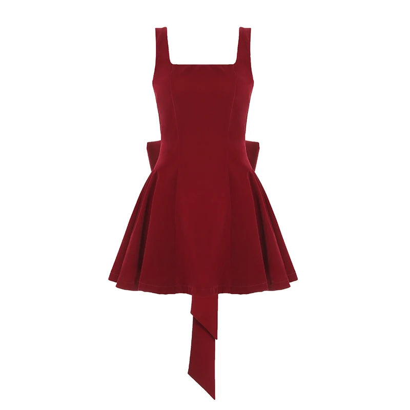 Advbridge V Line Big Bow Backless Red Short Dress Square Collar Elegant Women Sleeveless Mini Dresses Summer A-line Dress Cute